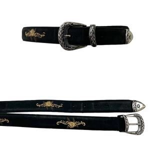 Abaco Paris Embroidered Leather Black Belt Western Boho Made in France 28/70
